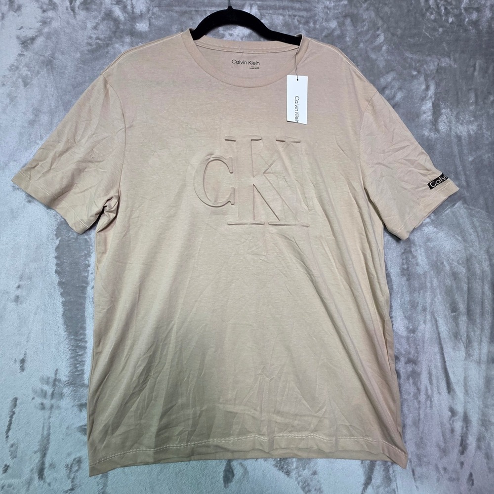 Calvin Klein Mens Embossed CK Logo Cotton T-Shirt Beige Tan 40GC808 Size M NWT